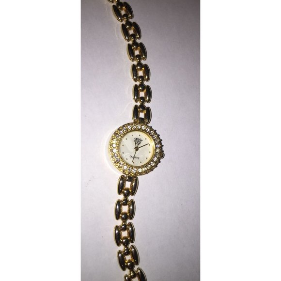 Womens Elizabeth Taylor Quartz Watch Gold Tone w/ Rhinestones